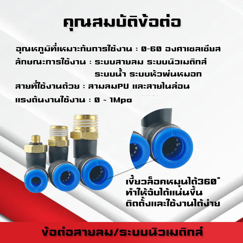 ข้อต่อลมPL ข้อต่อลมงอ90องศา ทองเหลือง ข้อต่อระบบนิวเมติกส์ สำหรับสายPUขนาด4/6/8/10/12/14/16และเกลียวขนาดm5/m6/1-6หุน