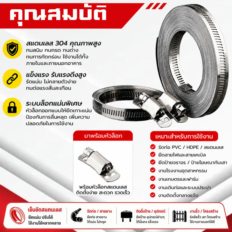 (B32)เข็มขัดรัดสแตนเลสDIY ไอซีวีแม็กซ์ แคลมป์ท่อสแตนเลส 304 ขนาดใหญ่ สายแคลมป์ท่อแบบปรับได้ เข็มขัดรัดสายยางพร้อมหัวล็อค